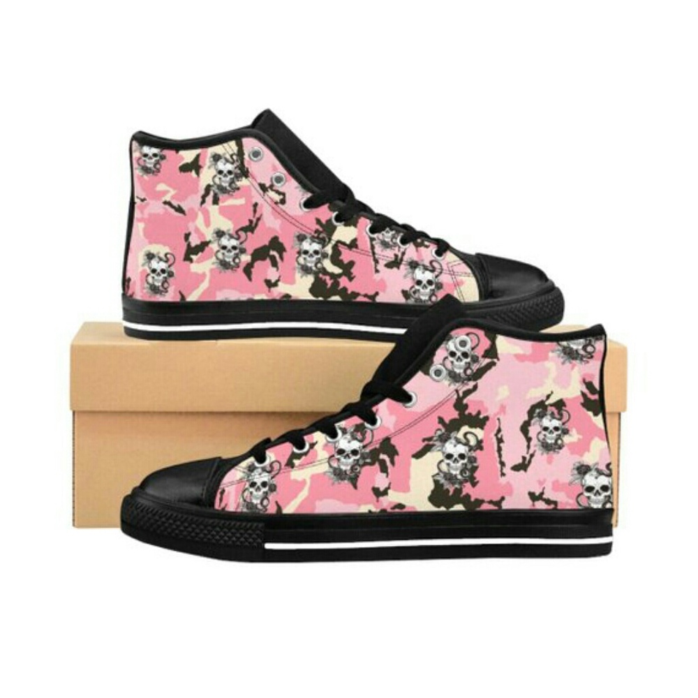 Women HighTop Sneakers Pink Camo With Skull